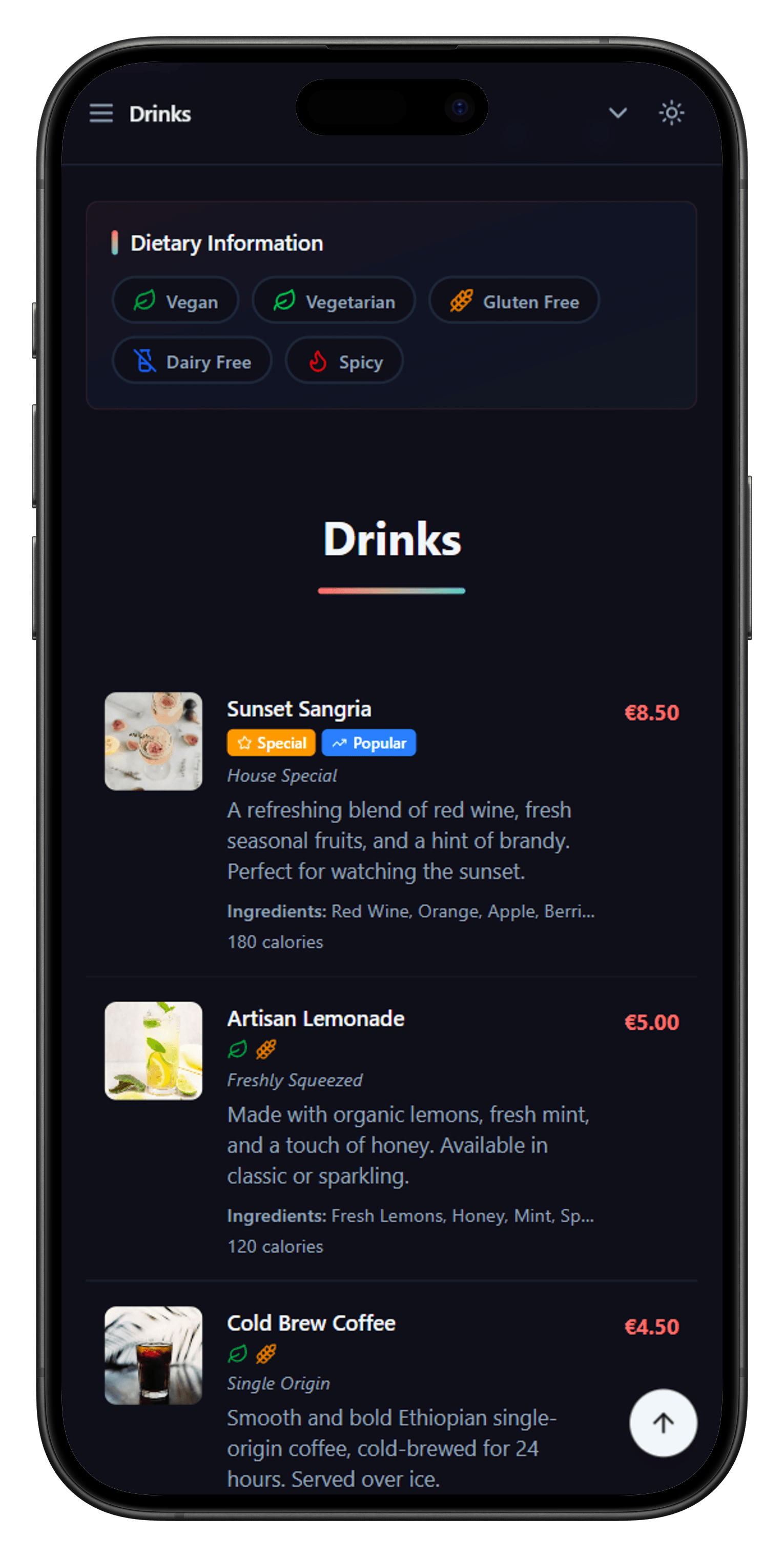 SnapMenu digital menu interface on iPhone showing drinks menu with dietary filters