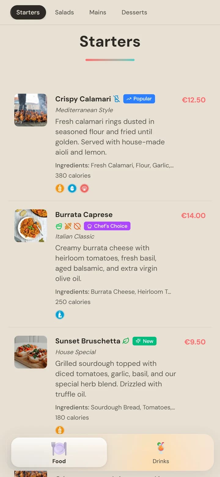 SnapMenu digital menu on iPhone showing a starters category with dietary filters, allergen badges, and prices