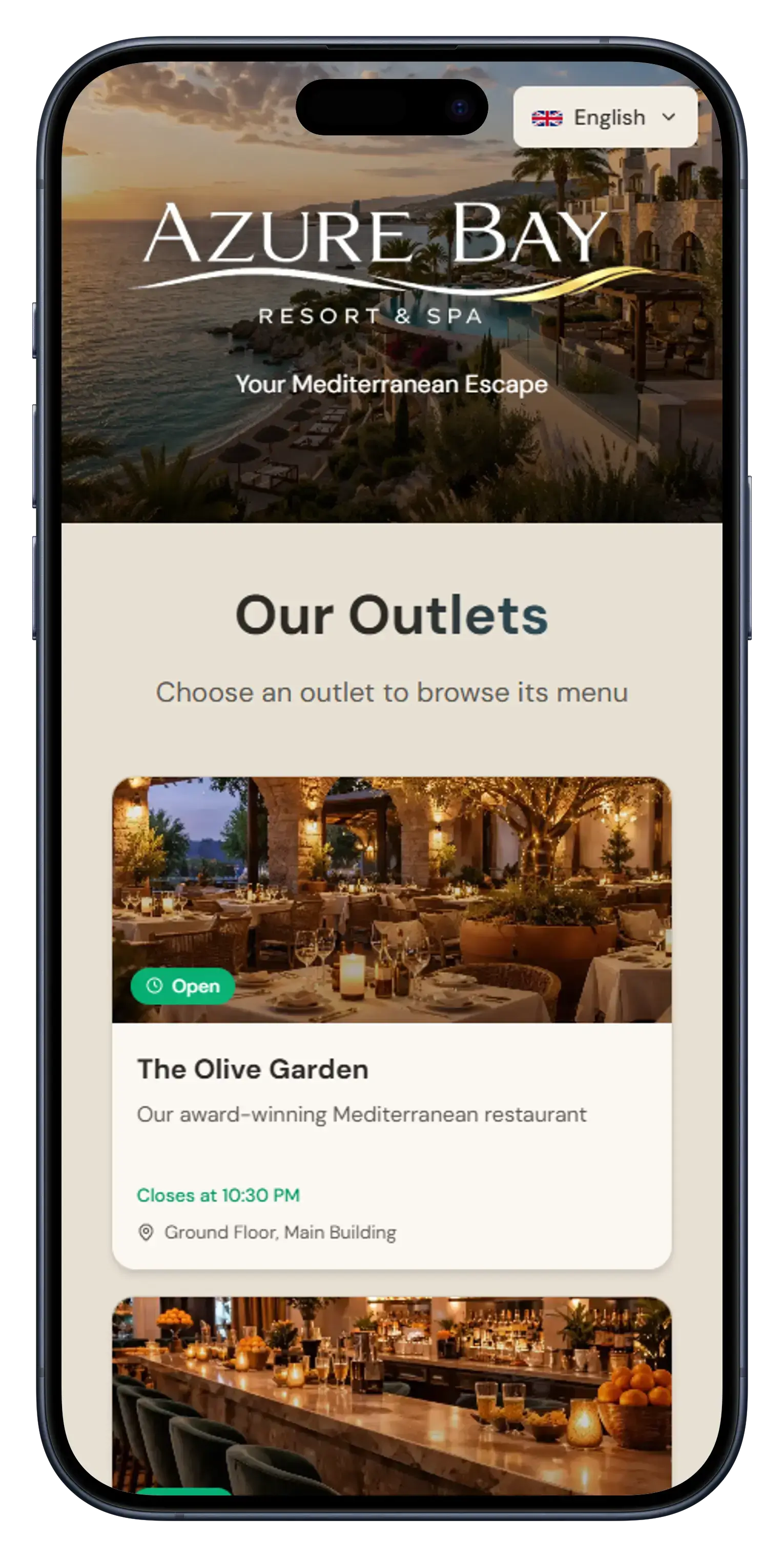 SnapMenu hotel guest portal showing outlet selector on iPhone