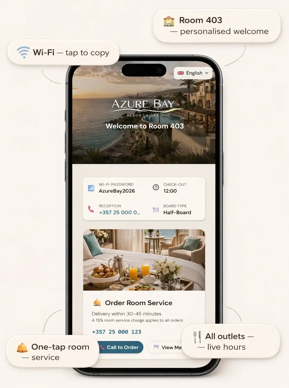 SnapMenu in-room guest portal on a hotel nightstand with QR code card